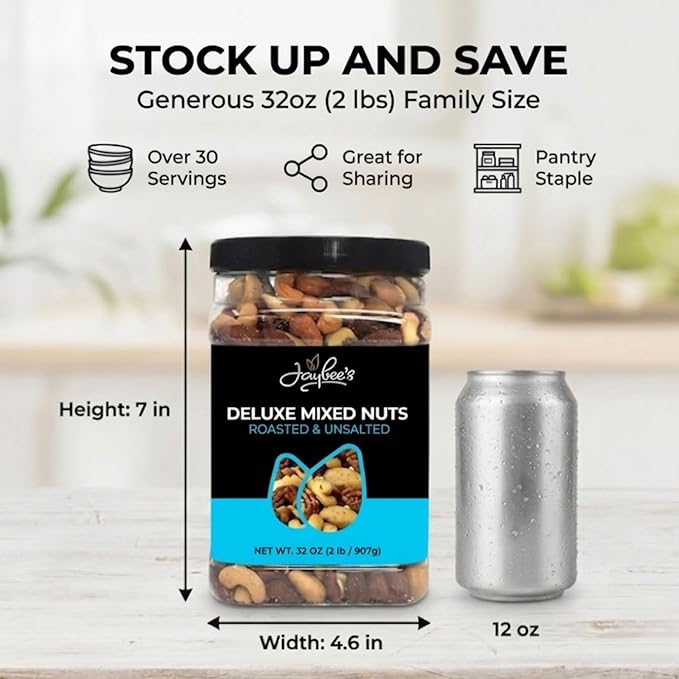 Jaybee’s Unsalted Mixed Nuts | 32 oz | Gourmet Roasted Deluxe Nut Mix with Cashews Almonds Pecans Hazelnuts Brazil Nuts (No Peanuts) | Keto Vegan Friendly Kosher Healthy Snacks