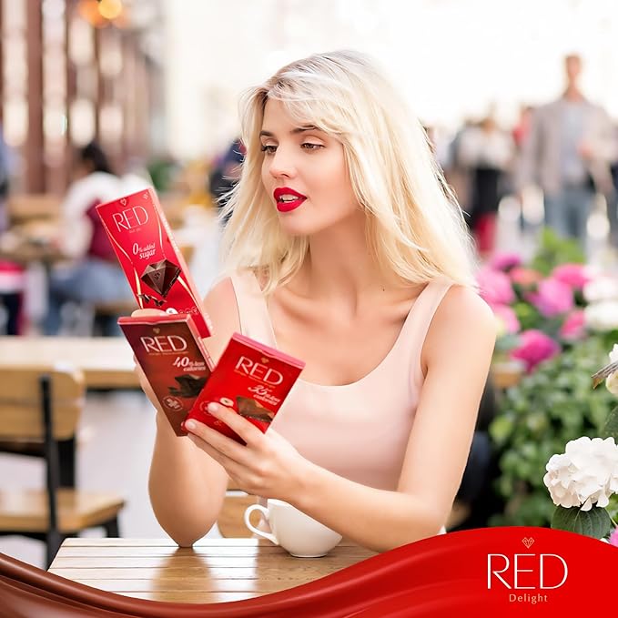 Red Delight Dark Chocolate Bars - 3.53 oz Pack of 6 - Full-Size Keto-Friendly - Low Carb Kosher Gluten-Free No Added Sugar - Smooth Creamy Vegan Chocolate from Europe