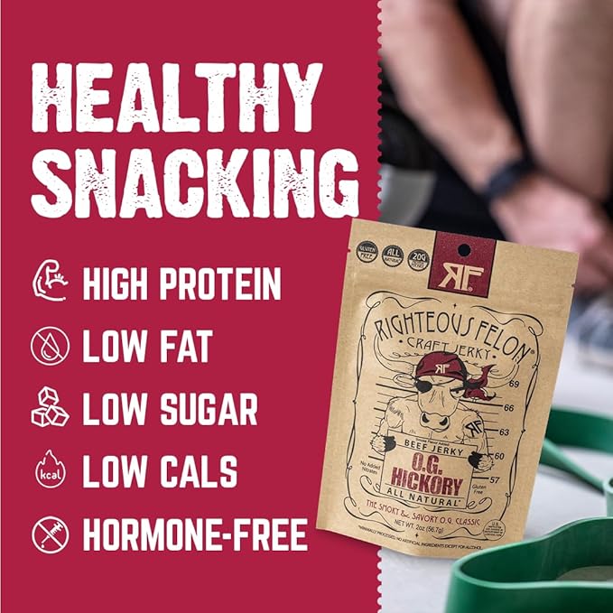 Righteous Felon Beef Jerky - OG Hickory Flavor - All-Natural Jerky - Locally Sourced &amp Dried Beef Jerky - Low-Sugar High-Protein Healthy Snacks - 2 Ounces Each Pack of 3