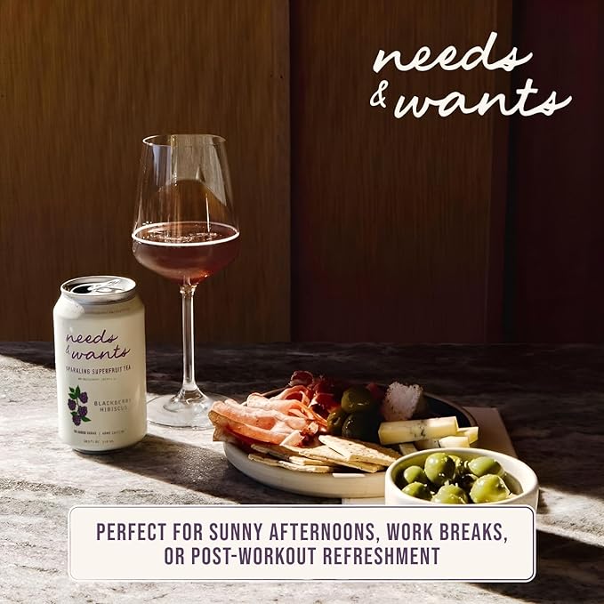 Needs &amp Wants Sparkling Tea - Blackberry Hibiscus 10.5oz Cans (12 Pack) | Organic Superfruit Tea with Cascara Blackberry Juice &amp Hibiscus Lightly Sweet with Notes of Vanilla &amp Cinnamon