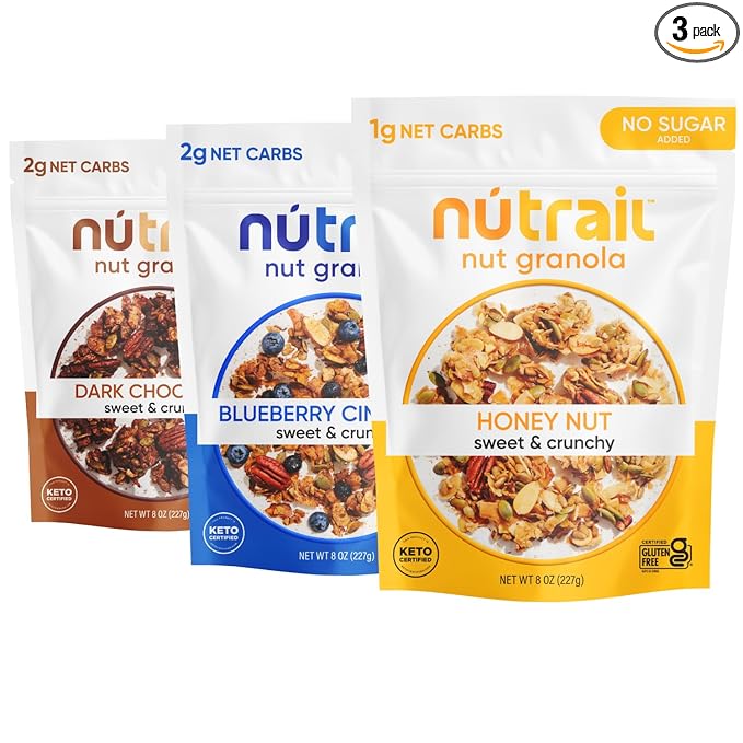 NuTrail Nut Granola Cereal Variety Pack No Sugar Added Keto Low Carb Gluten Free Grain Free Healthy Breakfast 8 oz. 3 Count