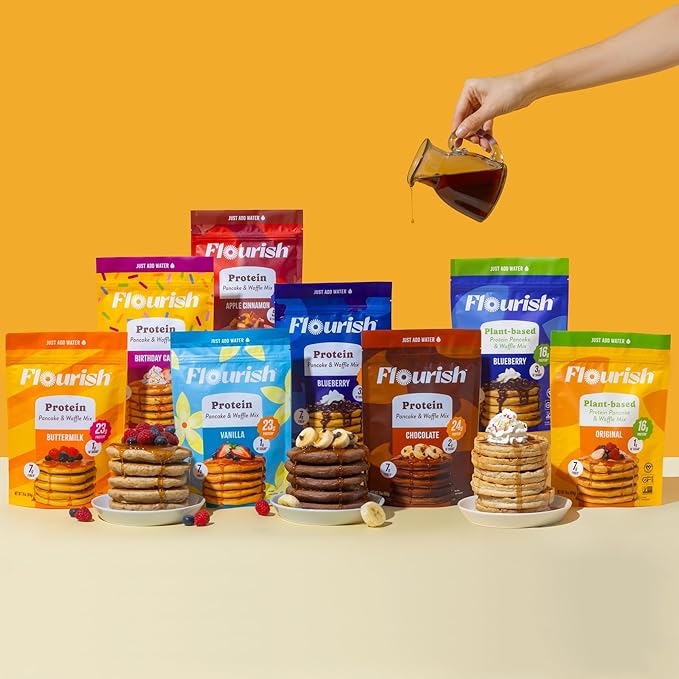 Flourish Protein Pancake &amp Waffle Mix with Whey Protein &amp Flax Seed No Added Sugar High in Protein &amp Fiber - Just Add Water - Chocolate Flavour 430g (3 Pack) - Made in Canada