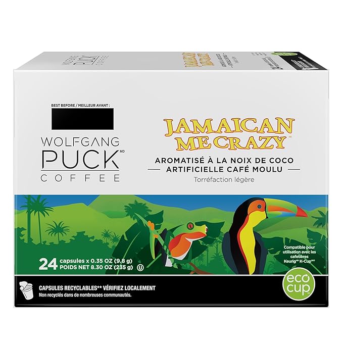 Wolfgang Puck Coffee Single Serve Capsules Light Roast Compatible with Keurig K-Cup Brewers Jamaican Me Crazy 24 Count (Pack of 1)