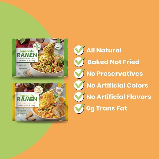Lemonilo Ramen - Chick'n Curry Soup - Healthy Instant Ramen - Oven-Baked Noodles with Tumeric - Made with All-Natural Ingredients - Quick Meal Kit (2.57 Oz) - Pack of 24