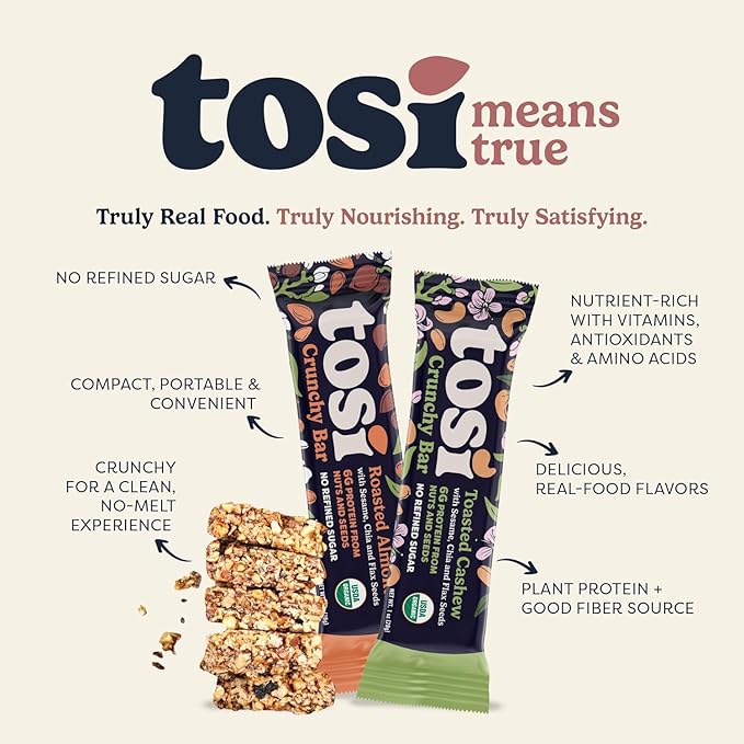 Tosi Almond and Cashew Protein Bars Combo Plant Based with Nuts Gluten-Free Crunchy Snacks Vegan Organic Flax &amp Chia Seeds Soy-Free Omega 3s 5G Protein 1 oz 12-Pack