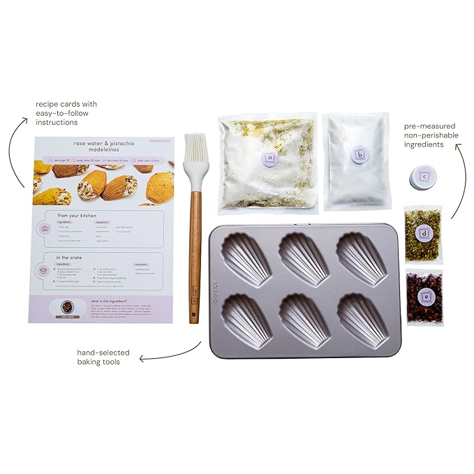 CrumbleCrate Rose Water &amp Pistachio Madeleines DIY Baking Kit | French Madeleine Making Set for Adults | Pre-Measured Ingredients | Elegant Baking Gift