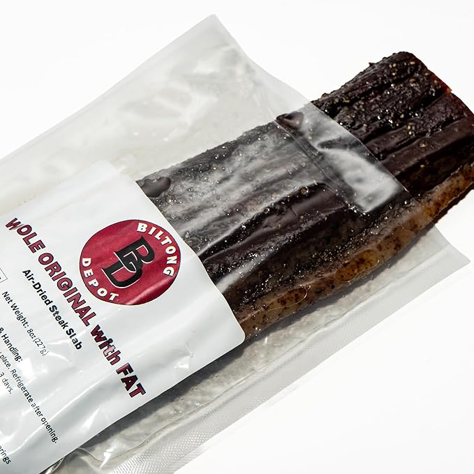 Biltong Depot Original Beef Biltong Slab with Fat – 8oz | Air-Dried Beef Jerky Snack | High Protein | Zero Sugar | Keto &amp Paleo Friendly | Gluten Free | No Artificial Preservatives | No MSG
