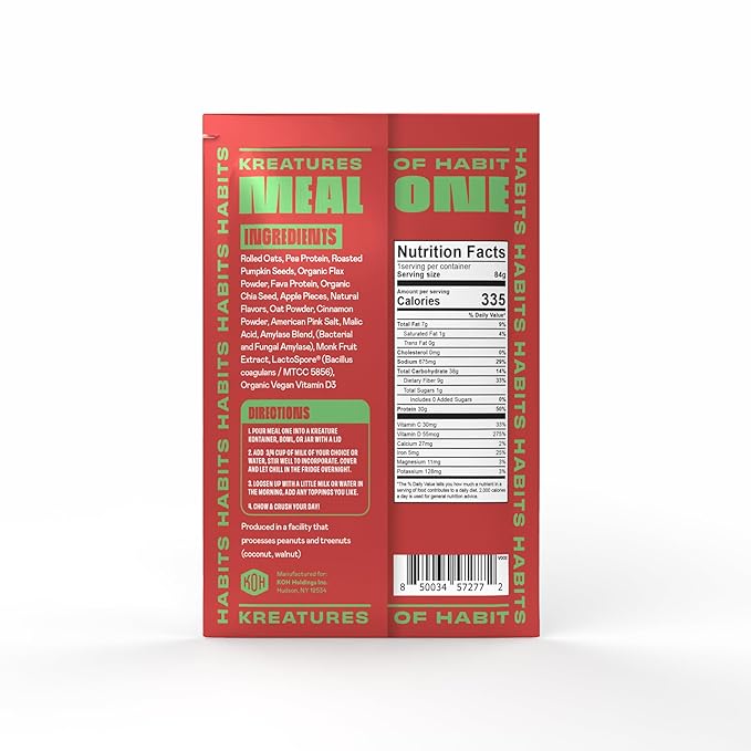 Kreatures of Habit MEAL ONE | Overnight &amp Instant Superfood Protein Meal Replacement | Gluten Free Dairy Free 30g of Plant Based Protein With No Added Sugar | Apple Cinnamon | Pack of 7