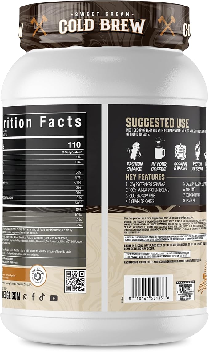 Axe &amp Sledge Farm Fed 100% Whey Protein Isolate | 25g Protein | Low Carb Low Sugar Gluten Free | Protein Powder for Men and Women | Keto | Made in The USA | 28 Servings Sweet Cream Cold Brew