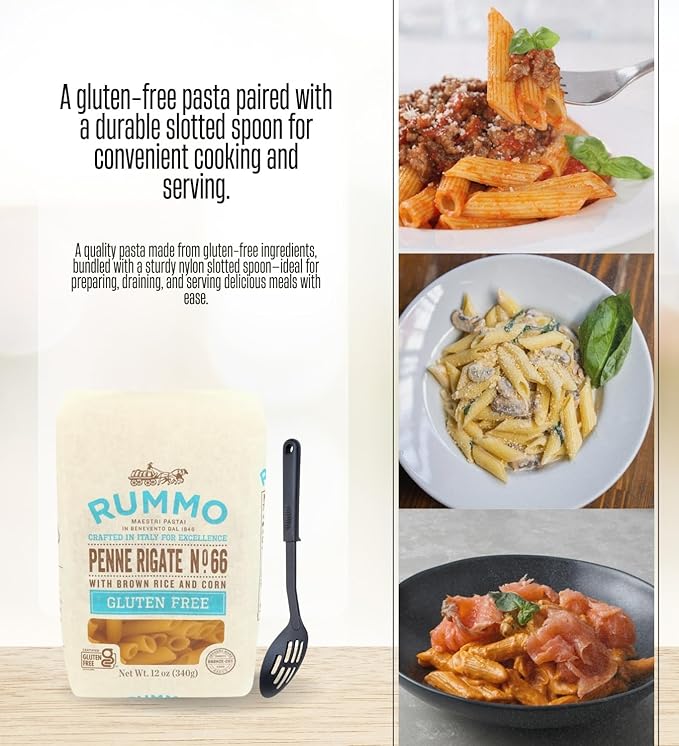 Penne Pasta Noodles – 5x Rummo Penne-Rigate-Pasta 12 oz Bundle with Nylon Slotted Spoon – GlutenFree Italian Pasta Tubes for Sauces &amp Everyday Cooking – Gift Set (6 Items)