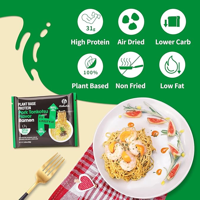 Hethstia High-Protein Ramen Soup 6 Packs Tonkotsu Flavor Instant Noodle Soup 31g Plant-Based Protein Non-GMO Vegan Low Fat Non-Fried Easy-to-Prepare Healthy Ramen
