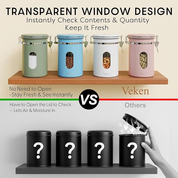 Veken Coffee Canister with Window Easter Gifts Airtight Stainless Steel Container with Lids Home Kitchen Food Storage Jars for Grounds Beans Tea Flour Cereal Sugar Basket Scoop 22OZ Blue