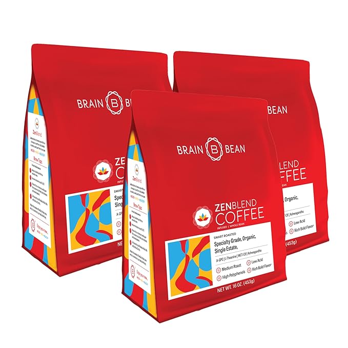 Brain Bean Zen-Blend Organic Coffee Whole Bean with Caprylic Acid MCT (C-8) A-GPC L-Theanine &amp Ashwagandha Extract - Premium Grade Organic Coffee Beans for Focus &amp Calm Support -16 Oz (3-Pac