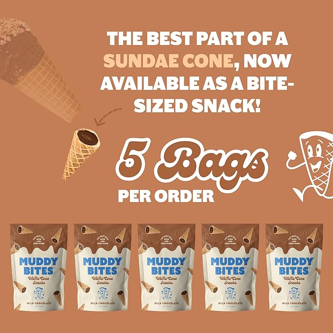 Muddy Bites Waffle Cone Snacks Bite Sized Chocolate Filled Waffle Cones for Snack or Dessert Ice Cream Topping made with Pure Cane Sugar Kosher (2.33 oz (Pack of 5) Milk-Chocolate)