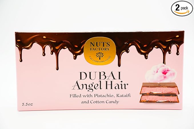 Nuts Factory - Angel Hair Dubai Chocolate Bar - Pack of 2 - Pistachio Cream Crispy Kataifi &amp Pink Cotton Candy