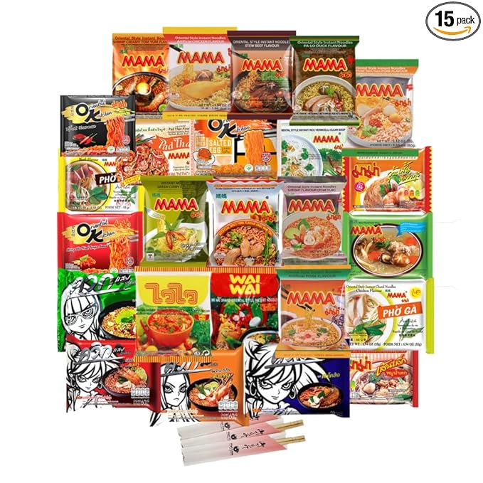 HCG Thai Ramen Noodles Variety Pack with Mama Soup and Wai Wai Quick Instant Noodle Pack of 15 with chopsticks 18 Piece Set