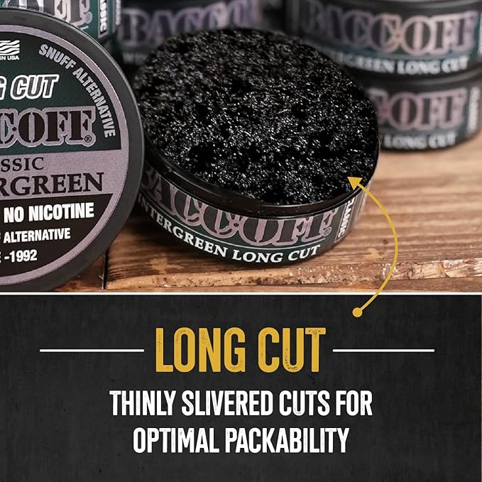 5 Cans BaccOff Classic Wintergreen Long Cut Refreshing and Strong Wintergreen Flavor Realistic Moist Alternative