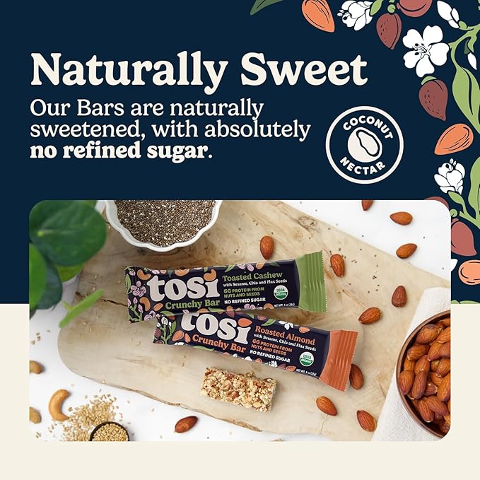 Tosi Almond and Cashew Protein Bars Combo Plant Based with Nuts Gluten-Free Crunchy Snacks Vegan Organic Flax &amp Chia Seeds Soy-Free Omega 3s 5G Protein 1 oz 12-Pack