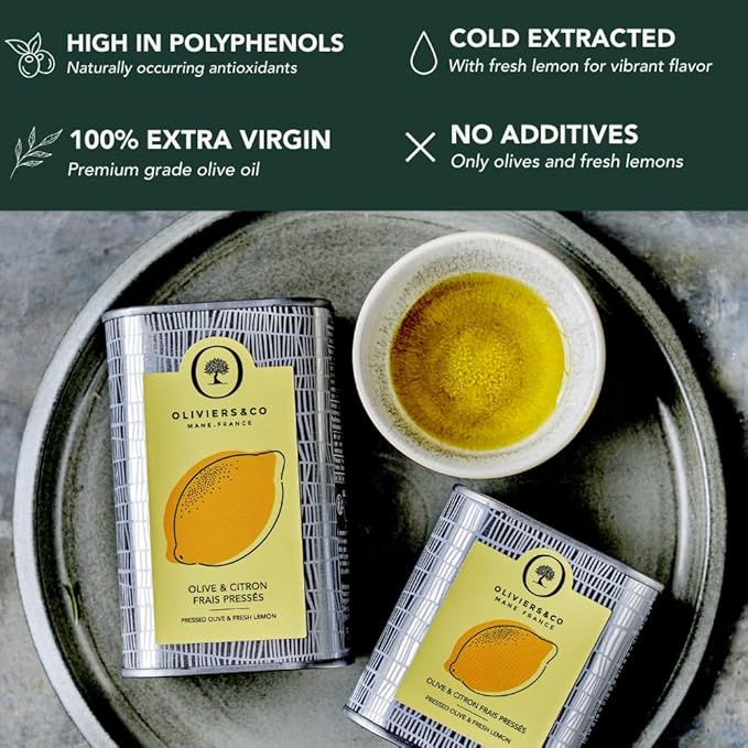 Cold Pressed Lemon Olive Oil by Oliviers &amp Co | Italian Extra Virgin Olive Oil with Fresh Whole Lemons | Gourmet Holiday Gift for Seafood Vegetables &amp Desserts | 8.4 Fl Oz Metal Tin