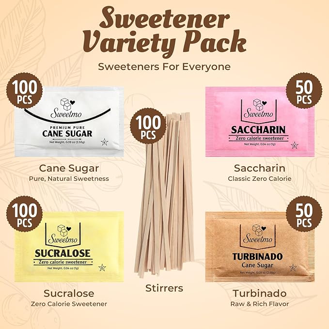Sweetmo Sugar Packets Variety Pack - Sucralose Raw Sugar Saccharin Cane Sugar with Wooden Stirrers - 400 Count for Coffee Tea Office Breakrooms Home &amp Airbnb