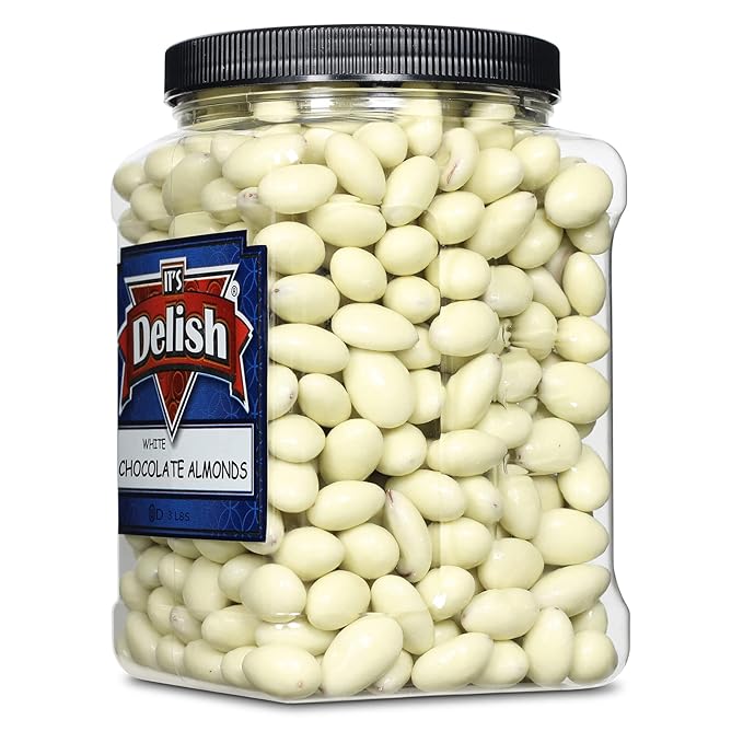 Gourmet White Chocolate Covered Almonds by Its Delish 3 LBS Jumbo Reusable Container(Jar) | White Milk Chocolate Coated Almond Nuts Kosher Dairy