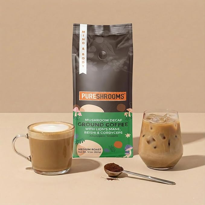 PureShrooms Decaf Mushroom Coffee | Single Origin Swiss Water Ground Infused with Organic Lion’s Mane Reishi &amp Cordyceps + L‑Theanine – Guatemala 12 oz Bag