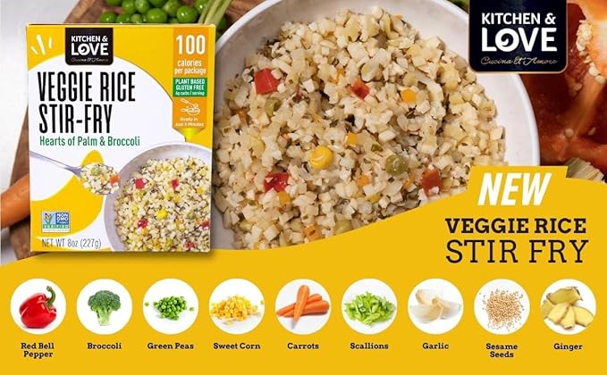 Kitchen &amp Love Hearts of Palm Veggie Rice Stir Fry Low Carb Low Calories Plant Based Non GMO Gluten Free Rice Alternative Vegan Easy to Prepare Quick Meal 8 Oz (Pack of 6)