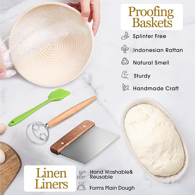 Banneton Bread Proofing Basket Banneton Basket Set Sourdough Proofing Basket Round Proofing Bowls Handmade Rattan Baskets and Liners (Oval &amp Round Baking Set)