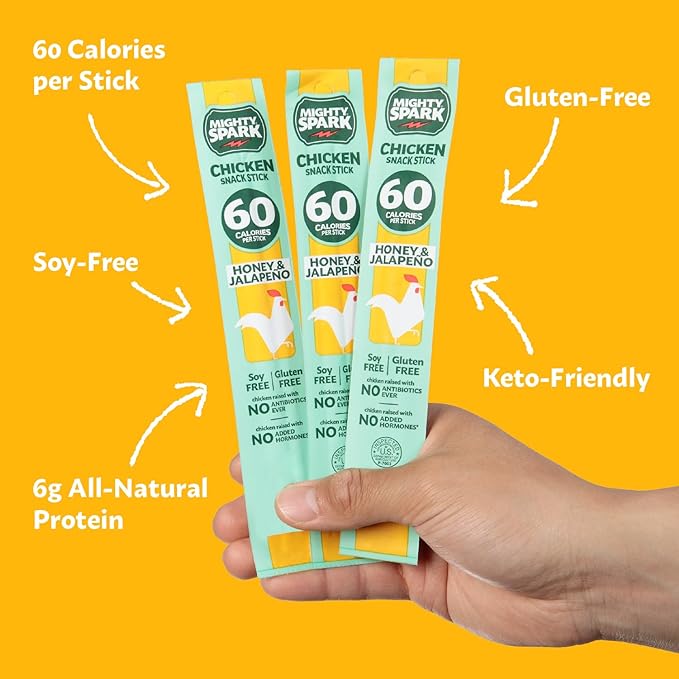 Mighty Spark Chicken Snack Sticks - Honey and Jalapeno - 6g of Protein No Antibiotics Ever No Hormones Added Gluten Free Soy Free Meat Sticks - High Protein Keto Snacks Weight Watchers Approved S