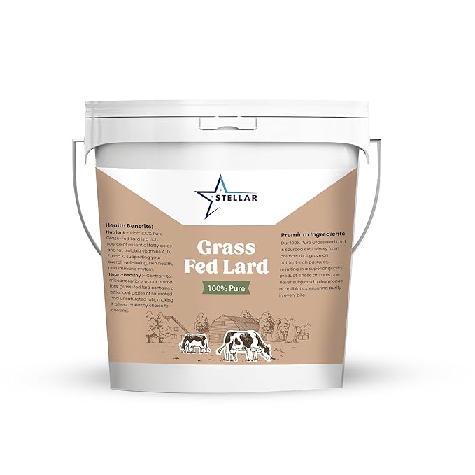 Stellar Grass Fed Pork Lard for Cooking and Baking – Rendered Lard Shortening 100% Pure Pork Fat Non-GMO No Additives | 48 oz (3 lbs)