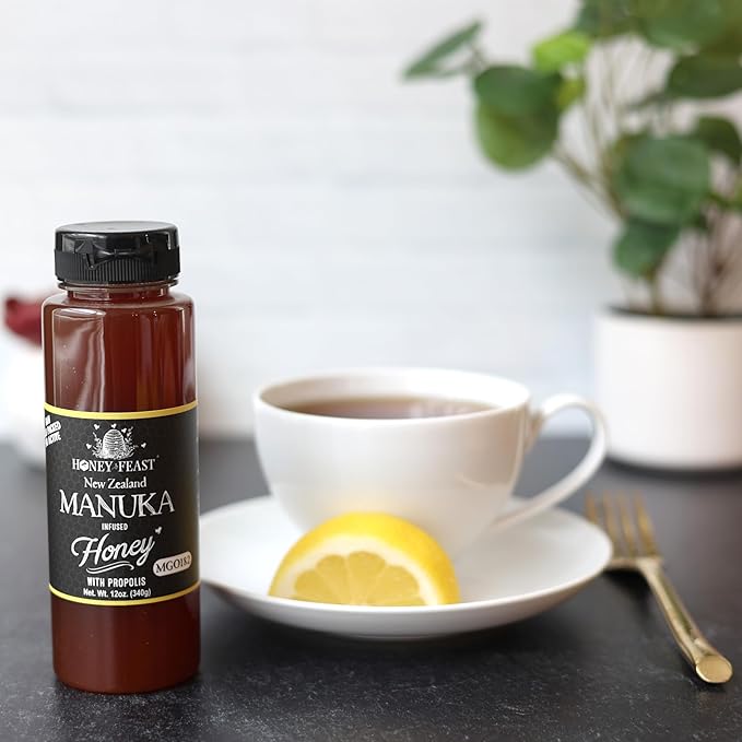 HONEY FEAST Raw Enthusiast Trio – Gift Set with 12oz Manuka Infused with Propolis Orange Blossom and Wildflower Honey – For Tea Cooking and Everyday Use