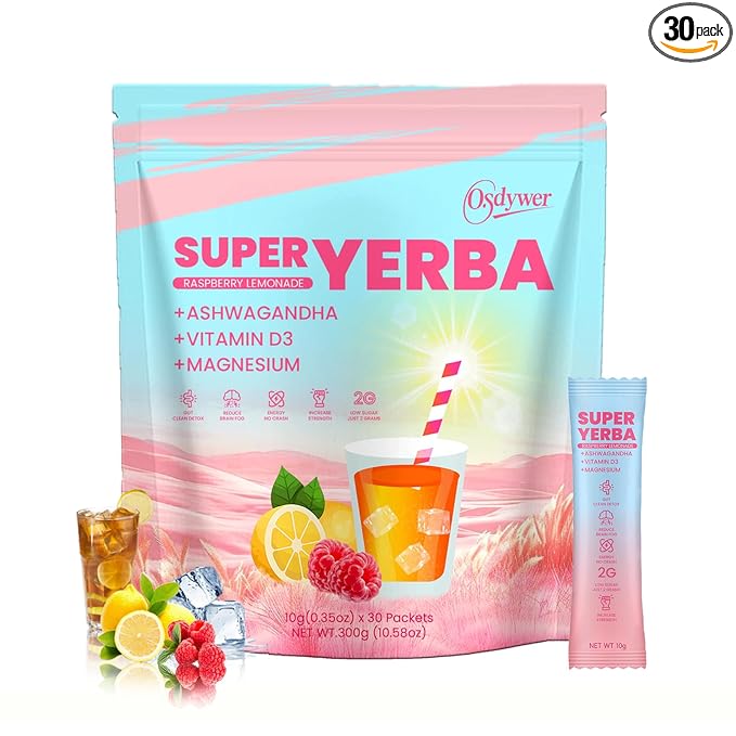 Super Yerba Mate Yerba Mate Instant Tea Powder RASPBERRY LEMONADE Flavor Mate Tea Supplements with Prebiotics and Probiotics - 30 Servings (1)