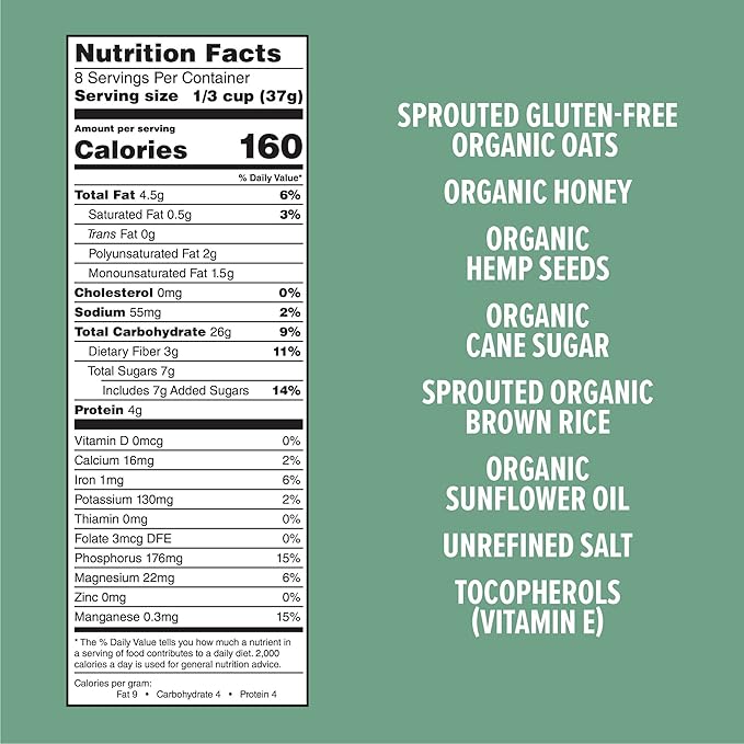 One Degree Organic Foods Sprouted Oat Honey Hemp Gluten Free Granola - USDA Organic (11 oz. - 6 pack)