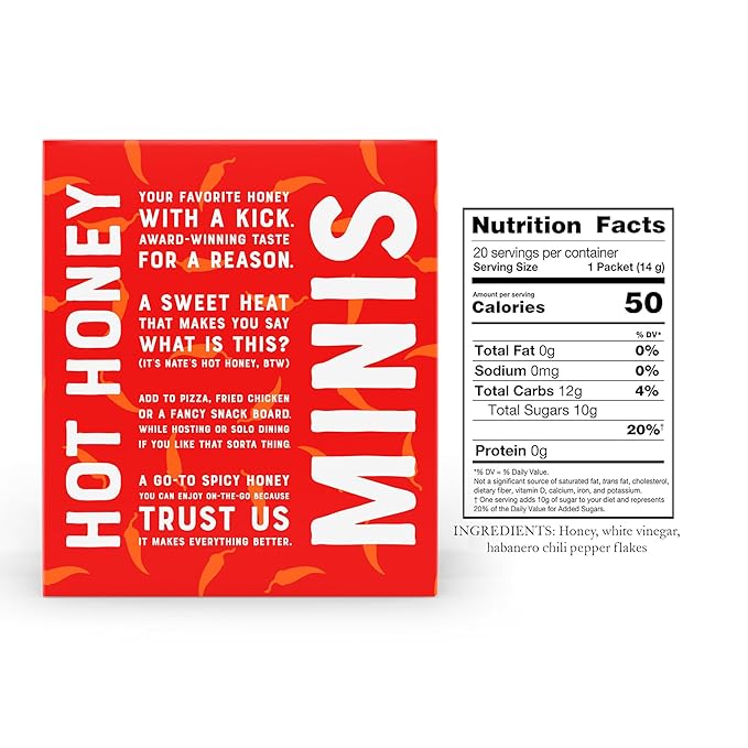 Nate's Bulk 400ct Hot Honey Minis - Single-Serve 100% Pure Honey Infused with Habanero Chili Pepper – 0.49oz Packets 400ct box