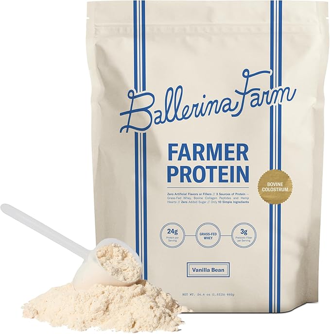 Ballerina Farm Grass Fed Whey Protein Powder Vanilla Bean 24g Protein with Collagen Peptides Bovine Colostrum Hemp Hearts &amp Prebiotic Fiber No Added Sugar or Artificial Ingredients 20 Servin