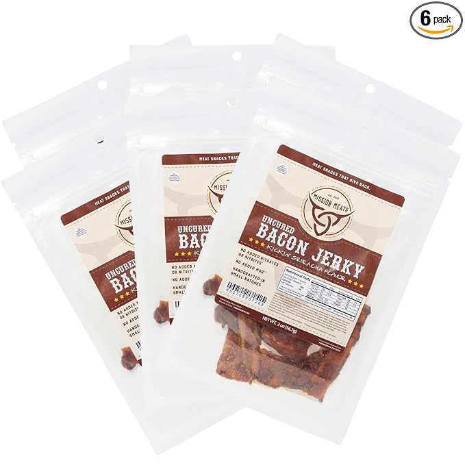 Mission Meats Candied Bacon Jerky (Sriracha) – The Perfect Delicious Savory &amp Sweet Snack Bloody Mary Bar Supplies Gift – Uncured Small Batch Gluten Free 2oz (Pack of 6)