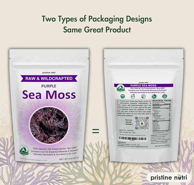 Purple Sea Moss Wildcrafted Raw Seamoss from St. Lucia Sun-Dried True Mineral-Rich Superfood Makes 160+ oz of Sea Moss Gel 100% Natural Vegan Non-GMO 8 oz bulk package
