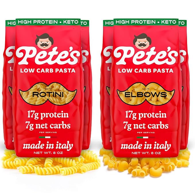 Pete's Pasta 6 Pack Low Carb Pasta - 3 Pack Elbow + 3 Pack Rotini Protein Pasta - Authentic Italian Keto Pasta Noodles - Imported from Italy