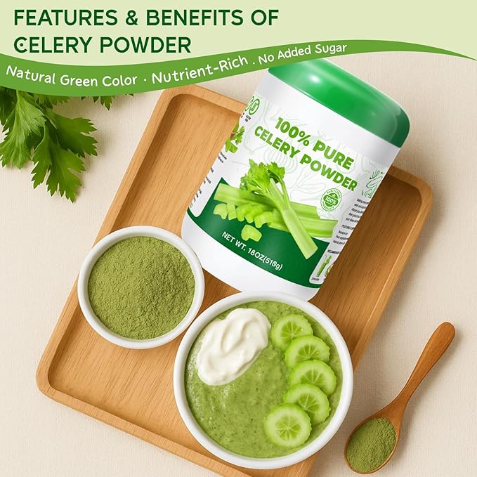 18OZ Pure Celery Powder - 100% Natural Dried Celery Juice Flavoring Powder Non GMO &amp Gluten Free Low Fat Perfect for Smoothie Baking Seasoning Drinks(510g)