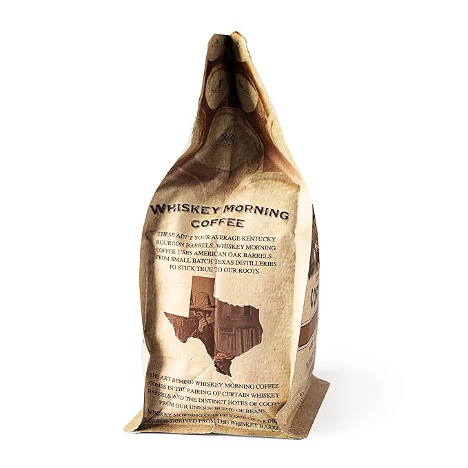 Whiskey Morning Coffee Bourbon Barrel Aged Ground Coffee Fire Roasted Ground Coffee 100% Specialty Grade Arabica Non Alcoholic Natural Whiskey Infused Coffee Small Batch Texas Roasted 10 oz Bag