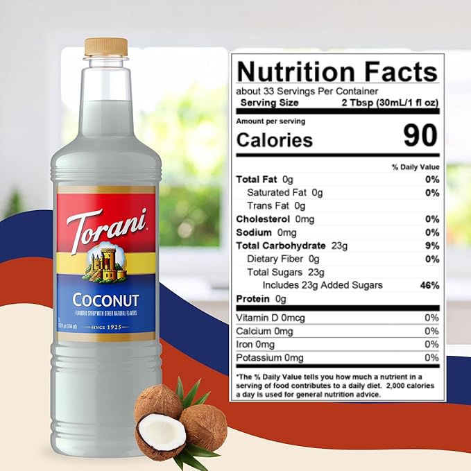 Torani Coconut Syrup 1 Liter Bottle with Pump – Premium Drink Flavoring Made with Pure Cane Sugar &amp Natural Flavors for Coffee Cocktails Smoothies &amp Desserts – Authentic Creamy Coconut Sweet