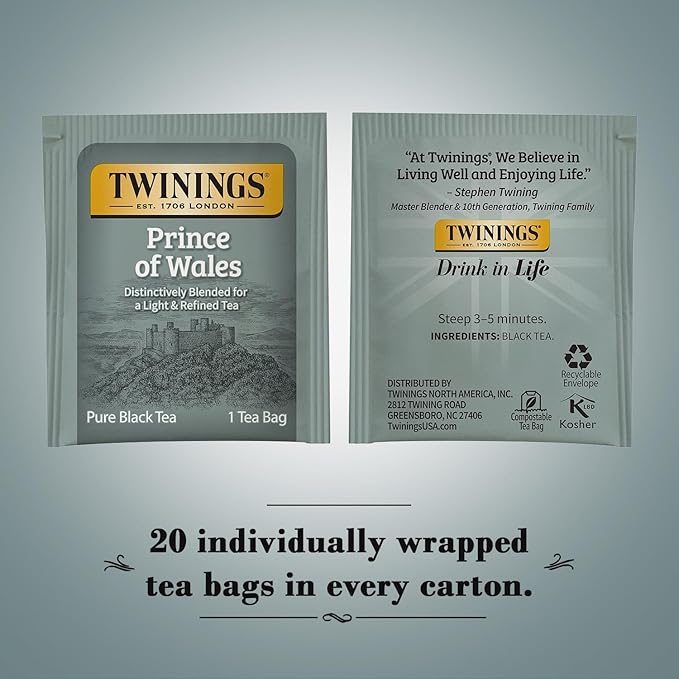 Twinings Prince of Wales Tea – A Light &amp Velvety Smooth Caffeinated Black Tea Individually Wrapped Tea Bags 20 Count (Pack of 4)