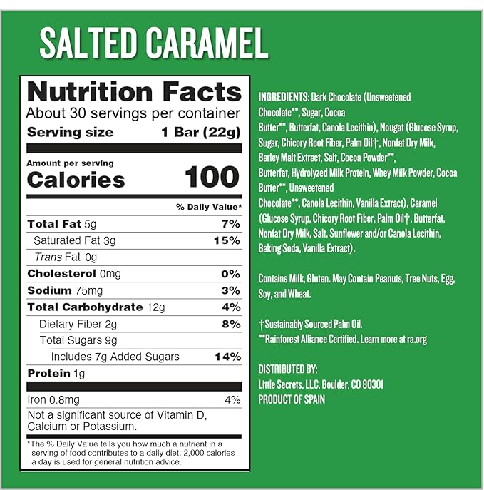 Little Secrets Dark Chocolate Nougat Bars | 5 Snack Bars per Bag| Made in Europe | Nothing Artificial &amp No Sugar Alcohols | Sustainable Cocoa | 3.9 Ounce Pack of 6-30 bars total