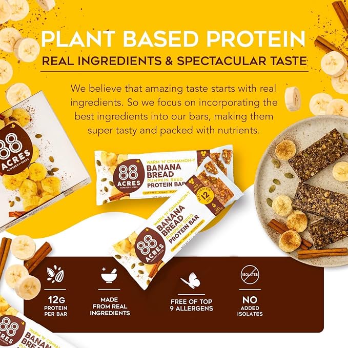 88 Acres Pumpkin Seed Protein Bars Banana Bread 9 Count 12g Plant-Based Protein Gluten Free Nut Free School Safe Snack Bar Vegan Non-GMO Individually Wrapped