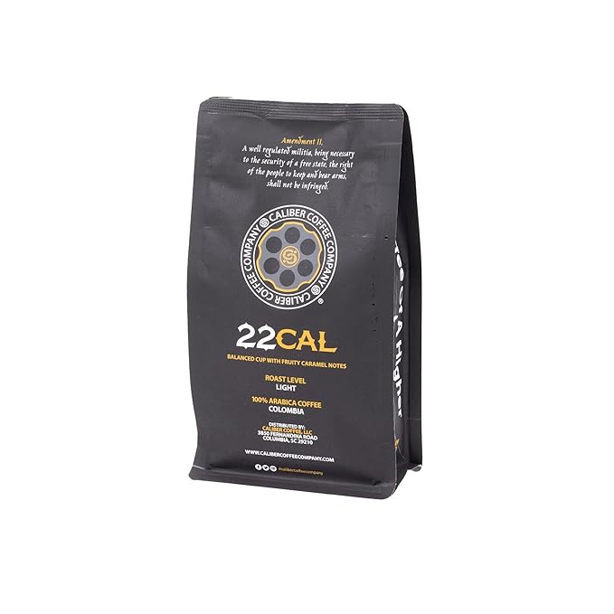 Caliber Coffee .22 Cal Whole Bean Light Roast – Balanced Fruity Caramel Flavors – 100% Artisan Roasted Arabica Coffee – Small-Batch Hand-Crafted – Veteran Owned – 12oz Bag