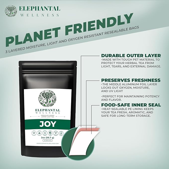 Elephantal Wellness Premium Joy Herbal Tea | Mood &amp Emotional Balance Support with St. John’s Wort Kava Ginkgo &amp Lavender | Handmade Non-GMO Caffeine-Free Loose Leaf Blend 2oz 20 Serving