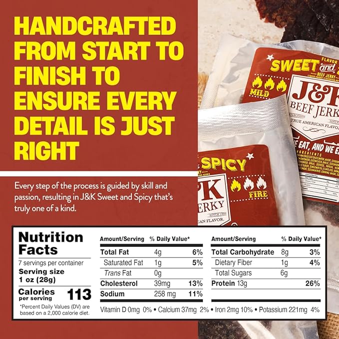J&ampK Sweet and Spicy Beef Jerky - Hand Crafted Small Batch American Made Slab Beef Jerky - Bold &amp Flavorful Snack! - 7oz Big Bag (Pack of 2)