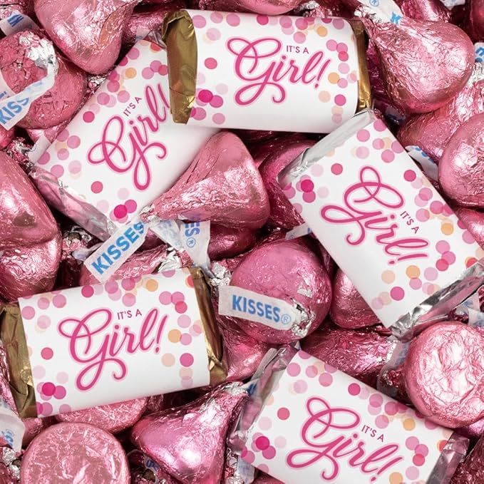 124 Pcs It's a Girl Baby Shower Candy Party Favors Miniatures Chocolate &amp Pink Kisses (1.52 lbs Approx. 124 Pcs)