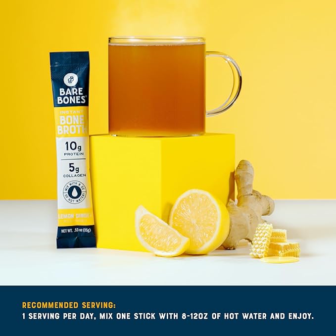 Bare Bones Lemon Ginger Bone Broth Instant Powdered Mix Packets | 5g Collagen | 10g Protein | Keto &amp Paleo Friendly | No Artificial Flavors | Rich Savory on-the-go 16 Pack