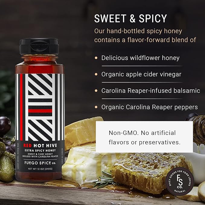 RED HOT HIVE Extra Spicy Honey Sweet &amp Fiery Hot Honey Infused with Carolina Reaper Pepper by Fuego Spice - 12 Oz - Squeeze it on a BBQ Chicken Wings or Try it on a Taco - Heat Level: 7/10